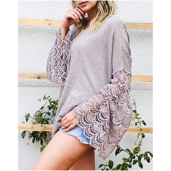 034 Boho Lace Bell Sleeve Waffle Knit Tunic Top - Picture 4 of 13